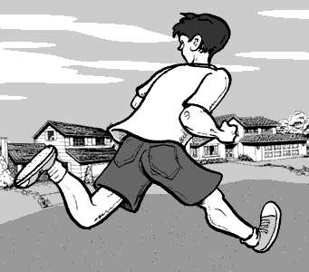 page 023: Peter runs down a suburban street in shorts and sneakers, seen from behind. No text in the image