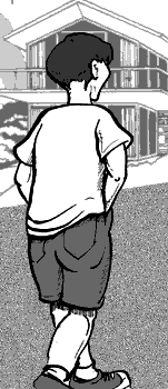 page 024: Peter stands with his back to us, hands in pockets, looking at an A-frame house. No text in the image