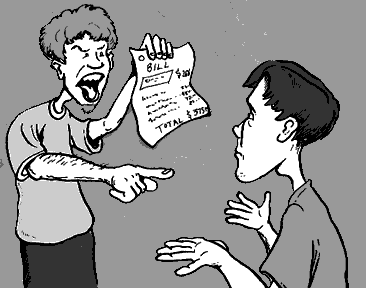 page 025: a furious housemate screams and jabs a finger at Peter while brandishing a sheet of paper; Peter shrugs helplessly. The paper is headed “BILL” with itemized charges and a “TOTAL” line (amounts too small to read)