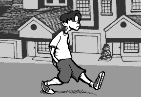 page 026: Peter walks along the street past a row of suburban houses. No text in the image