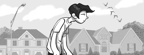 page 027: Peter trudges along a suburban street, head down and shoulders slumped, birds overhead. No text in the image