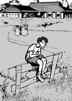 page 028: Peter sits alone on a wooden fence at the edge of a yard, staring at the ground. No text in the image
