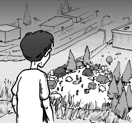 page 029: Peter looks down from a rise at a homeless encampment of tents and tarps below. No text in the image