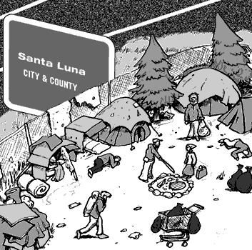 page 030: the encampment up close — tents, campfires, and people hauling bundles. A road sign reads “Santa Luna CITY & COUNTY”