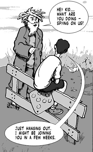 page 032: a bearded, wild-haired homeless man points at Peter, who sits on the fence. Man: “HEY KID…. WHAT ARE YOU DOING — SPYING ON US?”; Peter: “JUST HANGING OUT. I MIGHT BE JOINING YOU IN A FEW WEEKS.”