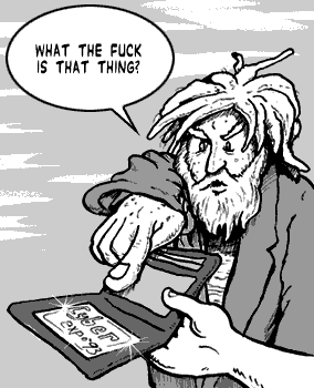 page 036: the bearded man peers into the wallet and pulls out a shiny card. Balloon: “WHAT THE FUCK IS THAT THING?”; the card reads “CYBER EXPO ’93”