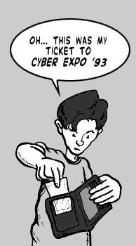 page 037: Peter points at the card in his wallet, half-smiling. Balloon: “OH… THIS WAS MY TICKET TO CYBER EXPO ’93”