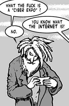 page 039: the bearded man looks down, puzzled. Man: “WHAT THE FUCK IS A ‘CYBER EXPO’?”; Peter: “YOU KNOW WHAT THE INTERNET IS?”; Man: “NO.”