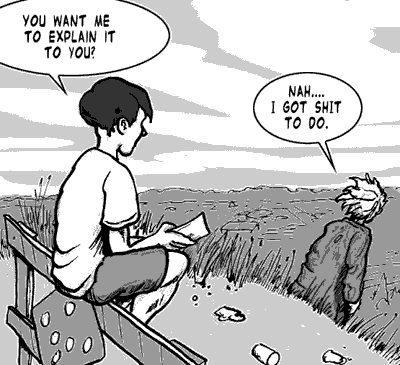page 040: Peter sits on the fence holding the card while the man walks away toward the encampment. Peter: “YOU WANT ME TO EXPLAIN IT TO YOU?”; Man: “NAH…. I GOT SHIT TO DO.”