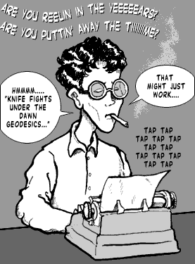 page 042: a writer in round glasses sits smoking at a manual typewriter. Song lyrics drift overhead: “ARE YOU REELIN IN THE YEEEEEARS? ARE YOU PUTTIN’ AWAY THE TIIIIIIME?”; balloons: “HMMMM….. ‘KNIFE FIGHTS UNDER THE DAWN GEODESICS…’” and “THAT MIGHT JUST WORK….”; sound effect: “TAP TAP TAP TAP TAP…”
