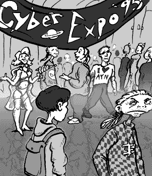 page 044: Peter, backpack on, wades into a crowded convention hall of costumed attendees. A banner overhead reads “Cyber Expo ’93”