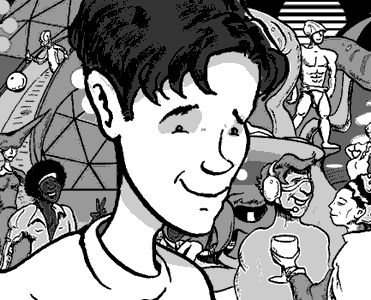 page 045: close-up of Peter grinning with delight amid the domed hall of partygoers. No text in the image