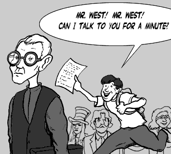 page 047: Peter lunges through the crowd waving a sheet of paper at a severe old man in round goggles. Balloon: “MR. WEST! MR. WEST! CAN I TALK TO YOU FOR A MINUTE?”