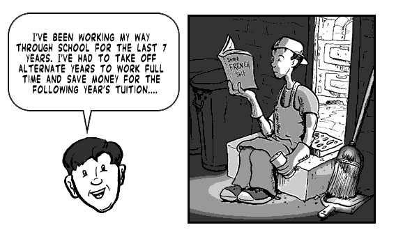 page 051: Peter’s floating head talks beside an inset panel of him in a cap and apron reading on a crate in a restaurant back room. Balloon: “I’VE BEEN WORKING MY WAY THROUGH SCHOOL FOR THE LAST 7 YEARS. I’VE HAD TO TAKE OFF ALTERNATE YEARS TO WORK FULL TIME AND SAVE MONEY FOR THE FOLLOWING YEAR’S TUITION….”; his book is labeled “Some FRENCH Shit”