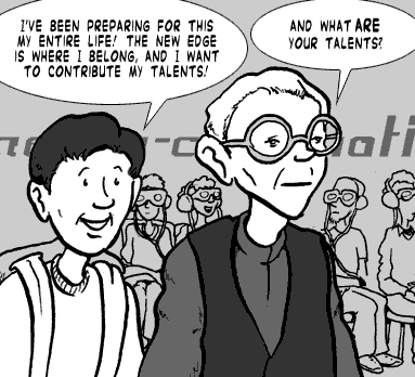 page 056: Peter walks alongside West through the crowd. Peter: “I’VE BEEN PREPARING FOR THIS MY ENTIRE LIFE! THE NEW EDGE IS WHERE I BELONG, AND I WANT TO CONTRIBUTE MY TALENTS!”; West: “AND WHAT ARE YOUR TALENTS?”