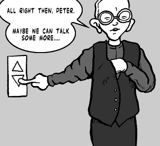 page 058: West presses the elevator call button. Balloon: “ALL RIGHT THEN, PETER. MAYBE WE CAN TALK SOME MORE….”