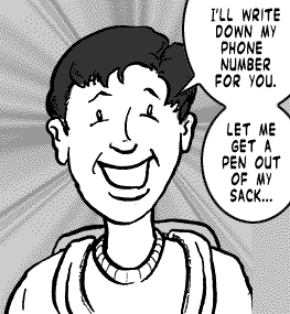 page 059: Peter beams, reaching for his bag. Balloons: “I’LL WRITE DOWN MY PHONE NUMBER FOR YOU.” and “LET ME GET A PEN OUT OF MY SACK…”