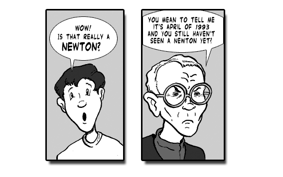 page 061: two panels — Peter astonished, then West unimpressed. Peter: “WOW! IS THAT REALLY A NEWTON?”; West: “YOU MEAN TO TELL ME IT’S APRIL OF 1993 AND YOU STILL HAVEN’T SEEN A NEWTON YET?”