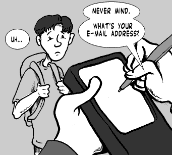 page 062: West poises the stylus over his Newton while Peter hesitates. West: “NEVER MIND. WHAT’S YOUR E-MAIL ADDRESS?”; Peter: “UH…”
