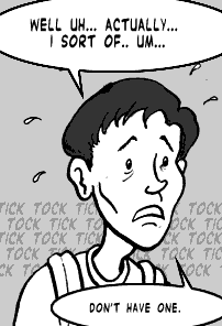 page 063: Peter sweats, cornered by the question. Balloon: “WELL UH… ACTUALLY… I SORT OF.. UM…”; then “DON’T HAVE ONE.”; the background repeats “TICK TOCK TICK TOCK”