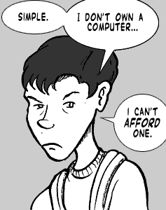 page 065: Peter answers flatly. Balloons: “SIMPLE.”, “I DON’T OWN A COMPUTER…”, “I CAN’T AFFORD ONE.”