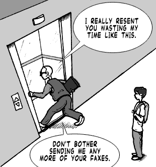 page 067: West strides into the elevator, leaving Peter standing in the corridor. Balloons: “I REALLY RESENT YOU WASTING MY TIME LIKE THIS.” and “DON’T BOTHER SENDING ME ANY MORE OF YOUR FAXES.”