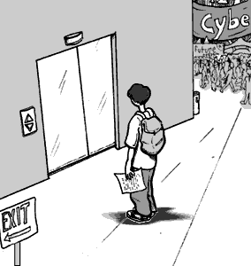 page 072: Peter stands alone outside the closed elevator, résumé in hand, the expo crowd behind him. Signs read “Cybe[r]” on the banner and “EXIT” by the door