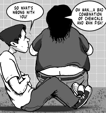 page 075: Peter and the stranger sit slumped side by side on the restroom floor. Peter: “SO WHAT’S WRONG WITH YOU?”; stranger: “OH MAN….A BAD COMBINATION OF CHEMICALS AND RAW FISH!”