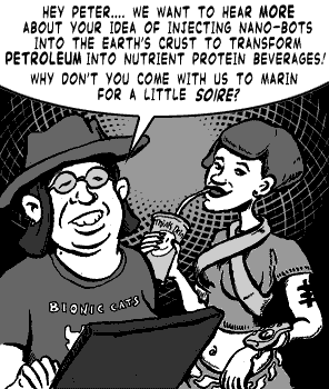 page 080: a grinning man in a hat and a woman lean in to invite Peter, a laptop open in front of them. Balloon: “HEY PETER…. WE WANT TO HEAR MORE ABOUT YOUR IDEA OF INJECTING NANO-BOTS INTO THE EARTH’S CRUST TO TRANSFORM PETROLEUM INTO NUTRIENT PROTEIN BEVERAGES! WHY DON’T YOU COME WITH US TO MARIN FOR A LITTLE SOIRE?”; the man’s T-shirt reads “BIONIC CATS”