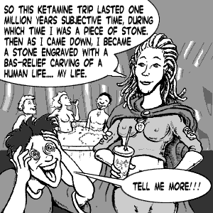 page 081: at a hot-tub party, a topless woman with a drink talks down to a delighted Peter. Woman: “SO THIS KETAMINE TRIP LASTED ONE MILLION YEARS SUBJECTIVE TIME, DURING WHICH TIME I WAS A PIECE OF STONE. THEN AS I CAME DOWN, I BECAME A STONE ENGRAVED WITH A BAS-RELIEF CARVING OF A HUMAN LIFE…. MY LIFE.”; Peter: “TELL ME MORE!!!”