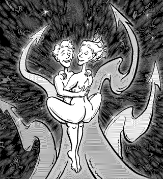 page 082: two nude figures embrace, floating amid glowing arrows and starbursts. No text in the image