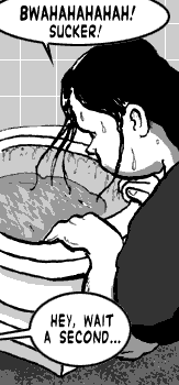 page 083: the stranger cackles over the bowl while Peter looks up. Balloons: “BWAHAHAHAHAH! SUCKER!” and “HEY, WAIT A SECOND…”
