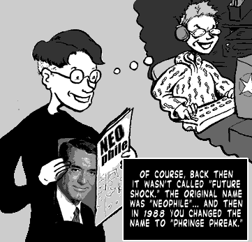 page 085: a younger Peter reads a magazine while, in a thought bubble, Ludens types at a keyboard. Caption: “OF COURSE, BACK THEN IT WASN’T CALLED ‘FUTURE SHOCK.’ THE ORIGINAL NAME WAS ‘NEOPHILE’… AND THEN IN 1988 YOU CHANGED THE NAME TO ‘PHRINGE PHREAK.’”; the magazine cover reads “NEOphile”