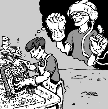 page 086: Peter scrubs dishes at a sink, daydreaming of himself in a VR headset and glove. The headset is labeled “VR”
