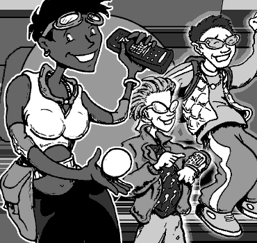 page 087: a glamorous crowd of gadget-toting expo-goers — one holds a remote, another a glowing orb. No text in the image