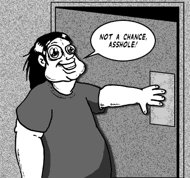 page 107: Ludens grins and pushes open the restroom door on his way out. Balloon: “NOT A CHANCE, ASSHOLE!”