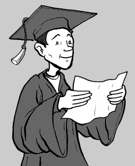 page 108: Peter in cap and gown, smiling at a diploma in his hands. No text in the image