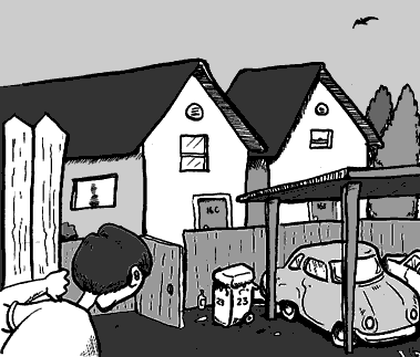 page 110: Peter peers around a fence at a lit-up suburban house with a car under a carport; a garbage can is stenciled “23.” No dialogue in the image