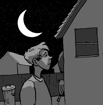 page 111: Peter stands outside the house at night under a crescent moon and stars. No text in the image