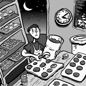 page 112: Peter works the night shift in a bakery, piping dough onto trays while a raccoon watches through the window. No text in the image — a wall clock reads about 2:40