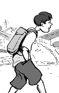 page 113: Peter walks with his backpack past construction fencing. No text in the image