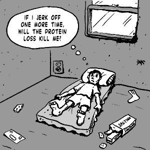 page 114: Peter lies on a bare mattress in an empty room, staring at the ceiling; a spider crawls on the wall. Thought balloon: “IF I JERK OFF ONE MORE TIME, WILL THE PROTEIN LOSS KILL ME?”; a “SALTINES” cracker box lies on the floor
