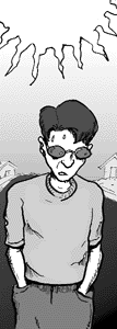 page 115: Peter in sunglasses walks a suburban street, storm clouds gathering overhead. No text in the image