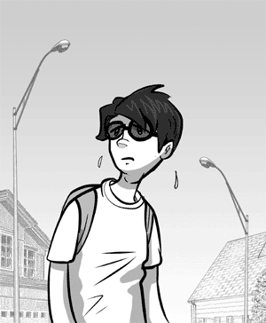 page 117: Peter sweats under a blank sky between streetlights. No text in the image