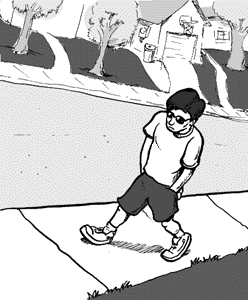 page 119: Peter walks a sunlit sidewalk past trees and houses. No text in the image