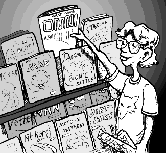 page 120: young Peter reaches for a magazine on a crowded newsstand rack. The covers read “OMNI — FIRST ISSUE,” “STARLOG,” “MAD,” “CRACKED,” “Dynamite,” “BIONIC BATTLE,” “VAN,” “Vette,” “DIRT BIKE,” “MOTO-X MAYHEM,” and “Kit Kars”