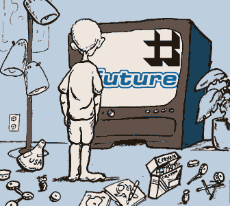 page 121: young Peter stands in a littered room facing a big television; the screen displays the word “future.” Cereal boxes and toys are scattered on the floor