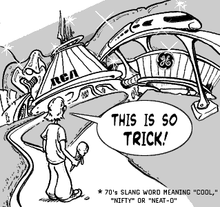 page 122: Peter and a child stand before gleaming futuristic pavilions labeled “RCA” and “GE.” Balloon: “THIS IS SO TRICK!”; footnote: “* 70’s SLANG WORD MEANING ‘COOL,’ ‘NIFTY’ OR ‘NEAT-O’”