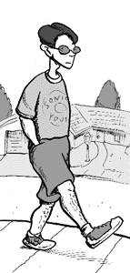 page 124: Peter walks past a skate park in sunglasses and a “SONIC YOUTH” T-shirt. No dialogue in the image