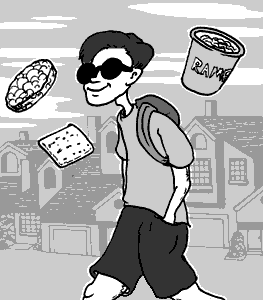 page 126: Peter strides along grinning, with a cookie, a cracker and a noodle cup floating around his head; the cup is lettered “RAM…” (ramen)